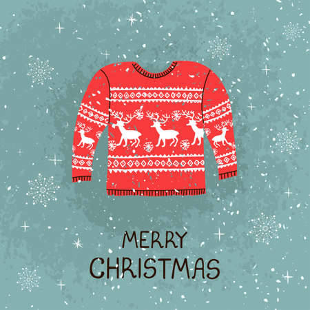 Vector modern greeting card with colorful hand draw illustration of ugly sweater. Merry christmas. For design poster, card, banner, t-shirt print, invitation, greeting card, other graphic designのイラスト素材