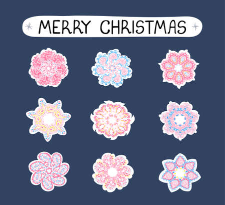 Vector modern colorful Christmas set with illustrations of snowflakes, sticker pack. Use it as elements for design greeting cards , poster, card, packaging paper designのイラスト素材