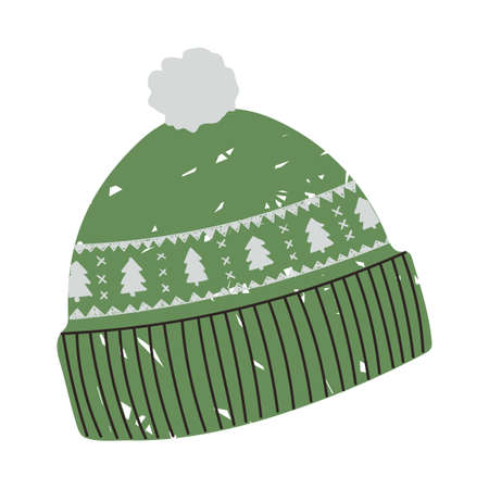 Vector colorful illustration of winter hat with Christmas pattern with Christmas tree isolated on white backgroundのイラスト素材