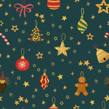 Vector modern seamless pattern with colorful hand draw illustration of Christmas decorations. For wallpaper, textile print, fills, web page, surface textures, wrapping paper, design of presentationのイラスト素材