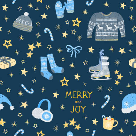 Vector seamless pattern with colorful illustrations of Christmas items. Use it for textile print, pattern fills, web page, wrapping paper, design of presentation and other graphic designのイラスト素材