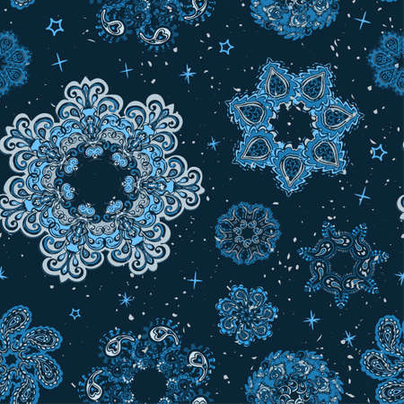 Vector modern seamless pattern with colorful hand draw illustration of snowflakes. Use it for wallpaper, textile print, fills, web page, surface textures, wrapping paper, design of presentationのイラスト素材