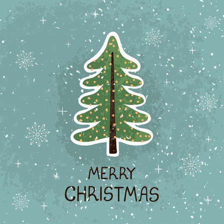 Vector modern greeting card with colorful hand draw illustration of Christmas tree. Merry christmas. For design poster, card, banner, t-shirt print, invitation, greeting card, other graphic designのイラスト素材