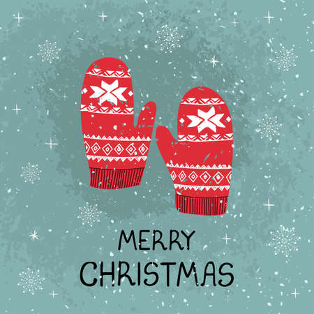 Vector modern greeting card with colorful hand draw illustration of Christmas mittens. Merry christmas. Use it for design poster, card, banner, t-shirt print, invitation, greeting card, other graphic designのイラスト素材