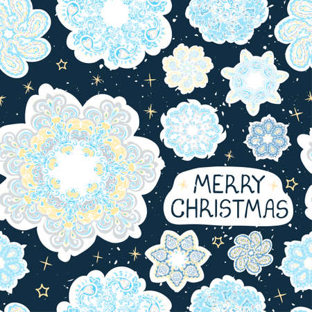 Vector modern greeting card with colorful hand draw illustration of snowflakes. Merry christmas. Use it as elements for design poster, card, fills, web page, wrapping paper, design of presentationのイラスト素材