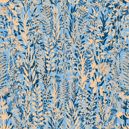 Vector seamless background with colorful watercolor illustration of herbs, plants and flowers. Can be used for wallpaper, pattern fills, web page, surface textures, textile print, wrapping paperのイラスト素材