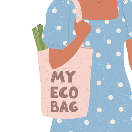 Vector colorful illustration of girl with eco bag, trendy dressed. Zero waste concept.のイラスト素材