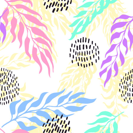 Vector seamless pattern with colorful watercolor illustration of exotic leaves. Use it for wallpaper, textile print, pattern fills, web page, surface textures, wrapping paper, design of presentationのイラスト素材