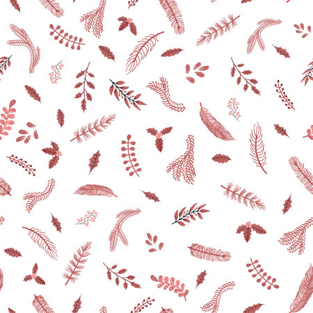 Vector modern seamless pattern with colorful hand draw illustration of Christmas plants. Use it for wallpaper, textile print, fills, web page, surface textures, wrapping paper, design of presentationの写真素材
