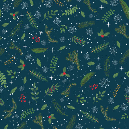 Vector modern seamless pattern with colorful hand draw illustration of Christmas plants. Use it for wallpaper, textile print, fills, web page, surface textures, wrapping paper, design of presentationの写真素材