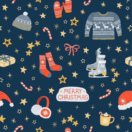 Vector seamless pattern with colorful illustrations of Christmas items. Use it for textile print, pattern fills, web page, wrapping paper, design of presentation and other graphic designのイラスト素材
