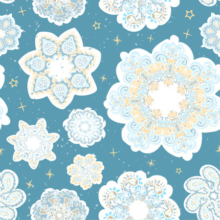 Vector modern seamless pattern with colorful hand draw illustration of snowflakes. Use it for wallpaper, textile print, fills, web page, surface textures, wrapping paper, design of presentationのイラスト素材