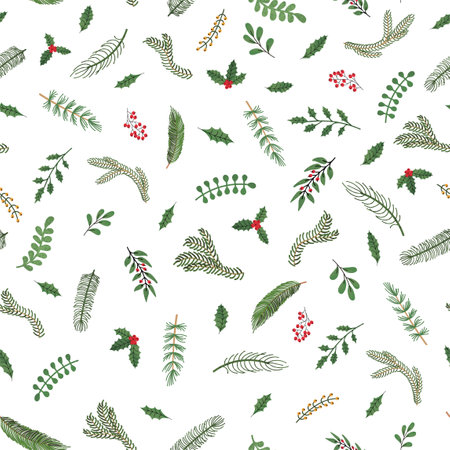Vector modern seamless pattern with colorful hand draw illustration of Christmas plants. Use it for wallpaper, textile print, fills, web page, surface textures, wrapping paper, design of presentationの写真素材