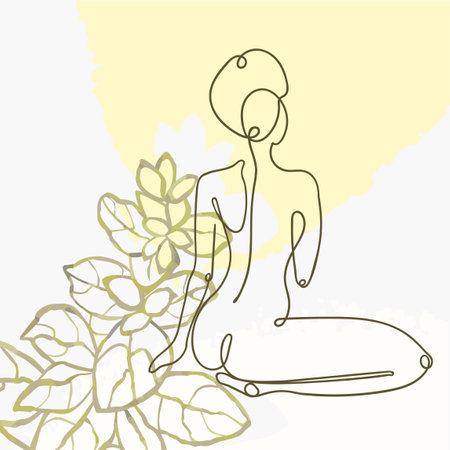 Vector outline illustration of woman body on abstract floral background. One line drawing.のイラスト素材