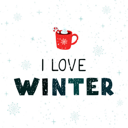 Vector modern greeting card with colorful hand draw illustration of mug with cocoa and Christmas cane. I love winter.のイラスト素材
