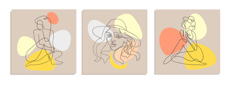 Vector set of collage modern poster with abstract shapes and one line illustrations of women body.のイラスト素材