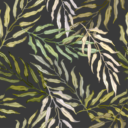 Vector seamless pattern with colorful illustration of tropical palm leaves.のイラスト素材