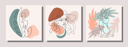 Vector set of collage modern poster with abstract shapes, exotic leaves and one line illustrations of women body.のイラスト素材