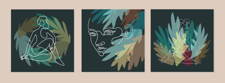 Vector set of collage modern poster with abstract shapes, exotic leaves and one line illustrations of women body.のイラスト素材