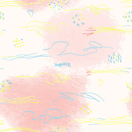 Vector modern seamless background with colorful hand drawn abstract pencil spots, doodles.のイラスト素材