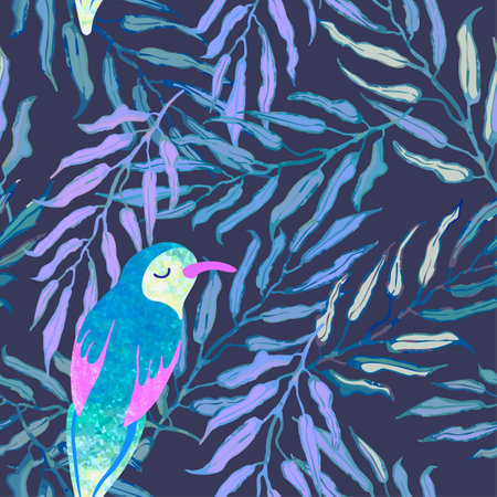 Vector seamless background with colorful watercolor illustration of palm leaves and birds.のイラスト素材
