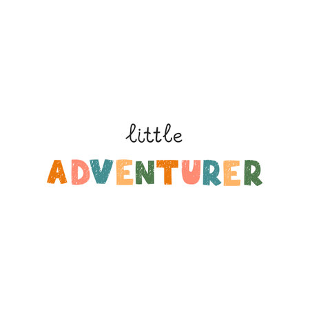 Vector illustration with hand drawn lettering - Little adventurer. Colorful typography design in Scandinavian style.のイラスト素材