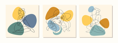Vector set of collage modern poster with abstract shapes and one line illustrations of women body.のイラスト素材