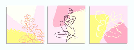 Vector set of collage modern poster with abstract shapes and one line illustrations of women body.のイラスト素材