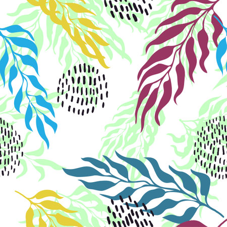 Vector seamless pattern with colorful watercolor illustration of exotic leaves.のイラスト素材