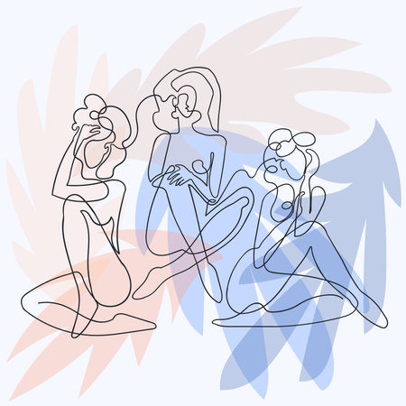 Vector outline illustration of women on floral background with exotic leaves. One line drawing.のイラスト素材