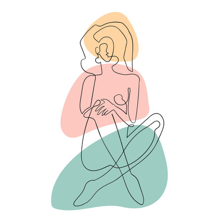 Vector outline black illustration of woman body and colorful blob shape. One line abstract drawing.のイラスト素材