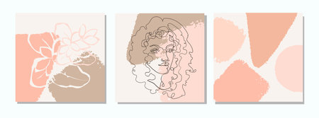 Vector set of collage modern poster with abstract shapes and one line illustrations of women body.のイラスト素材