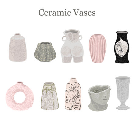 Vector colorful set with illustrations of ceramic vases collection isolated on white.のイラスト素材
