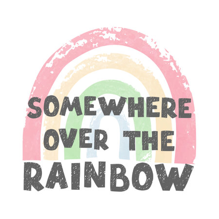 Vector illustration with hand drawn lettering - Over the rainbow. Colorful typography design in Scandinavian style.のイラスト素材