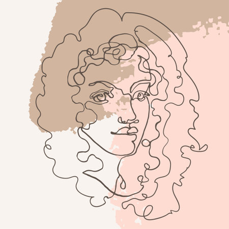 Vector outline illustration of woman on abstract background with blob shapes. One line drawing.のイラスト素材