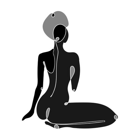 Vector black and white illustration of woman body silhouette. One line drawing isolated on white background.のイラスト素材
