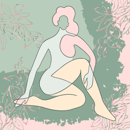Vector colorful illustration of woman on floral background with leaves. One line drawing.のイラスト素材