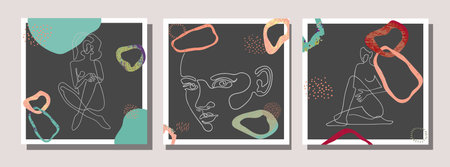 Vector set of collage modern poster with abstract shapes and one line illustrations of women body.のイラスト素材
