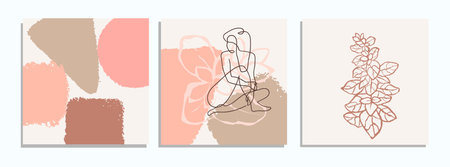 Vector set of collage modern poster with abstract shapes and one line illustrations of women body.のイラスト素材