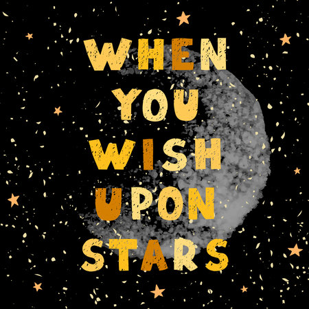 Vector illustration with hand drawn lettering - Wish upon stars. Colorful typography design in Scandinavian style.のイラスト素材