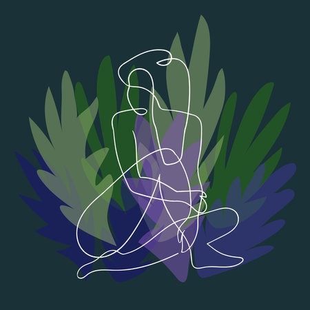 Vector outline illustration of woman body on floral background with exotic leaves. One line drawing.のイラスト素材
