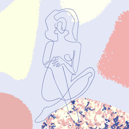 Vector outline illustration of woman body on abstract blob background. One line drawing.のイラスト素材