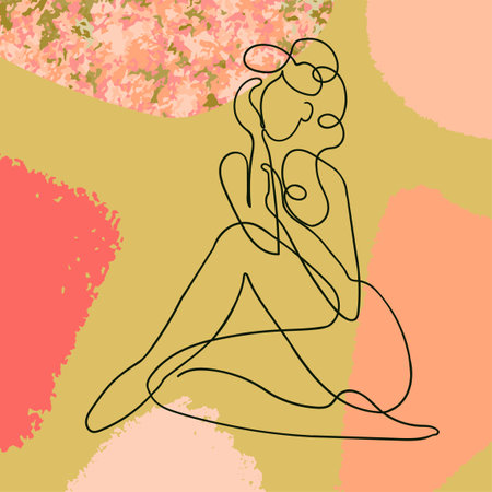Vector outline illustration of woman body on abstract blob background. One line drawing.のイラスト素材