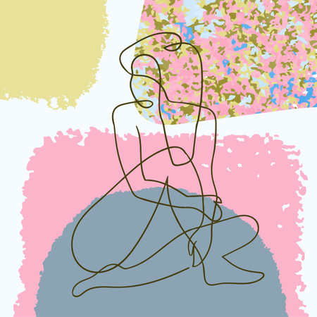Vector outline illustration of woman body on abstract blob background. One line drawing.のイラスト素材