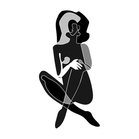 Vector black and white illustration of woman body silhouette. One line drawing isolated on white background.のイラスト素材