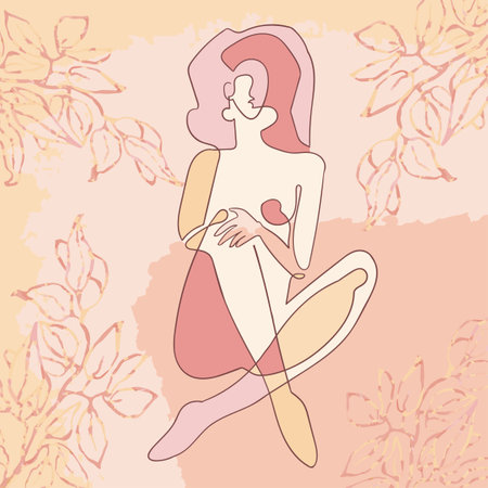 Vector colorful illustration of woman on floral background with leaves. One line drawing.のイラスト素材