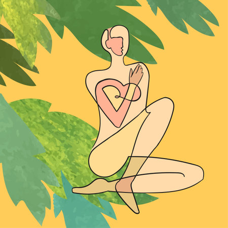Vector outline illustration of woman body on floral background with exotic leaves. One line drawing.のイラスト素材