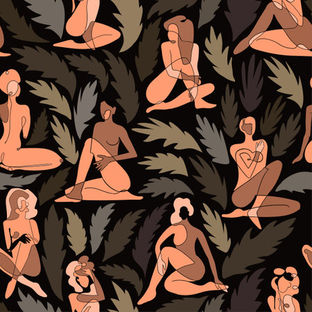 Vector seamless pattern with colorful illustration of silhouette women body and exotic leaves.のイラスト素材