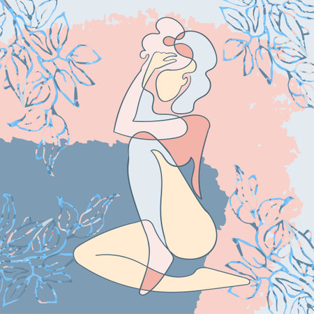 Vector colorful illustration of woman on floral background with leaves. One line drawing.のイラスト素材