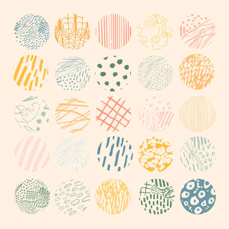 Vector hand drawn set with round isolated abstract colorful patterns or backgrounds.のイラスト素材